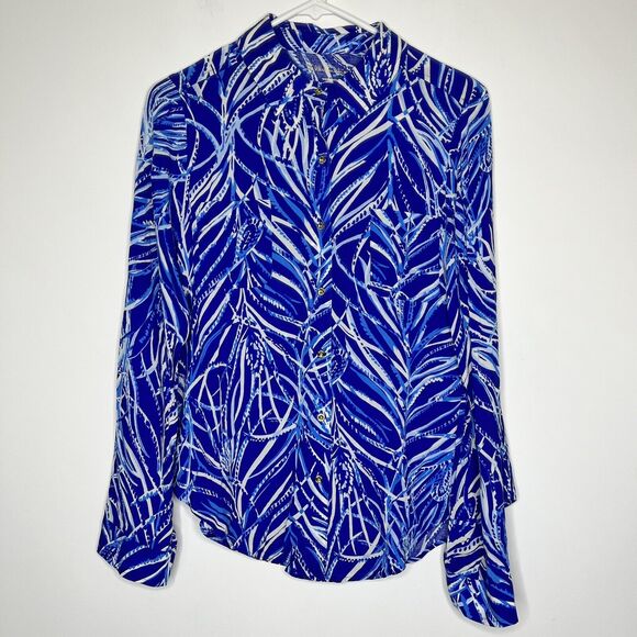 LILLY PULITZER Sea View Voile Button Down Shirt Rayon Blouse Blue‎ White Sz S - Picture 2 of 10